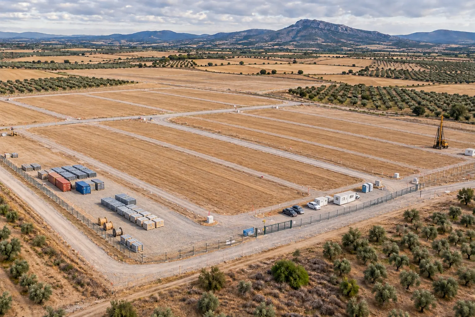 El mismo emplazamiento listo para construir, con el vallado perimetral, casetas de obra, aparcamiento, caminos interiores, una zona de acopio con contenedores y una máquina hincadora.