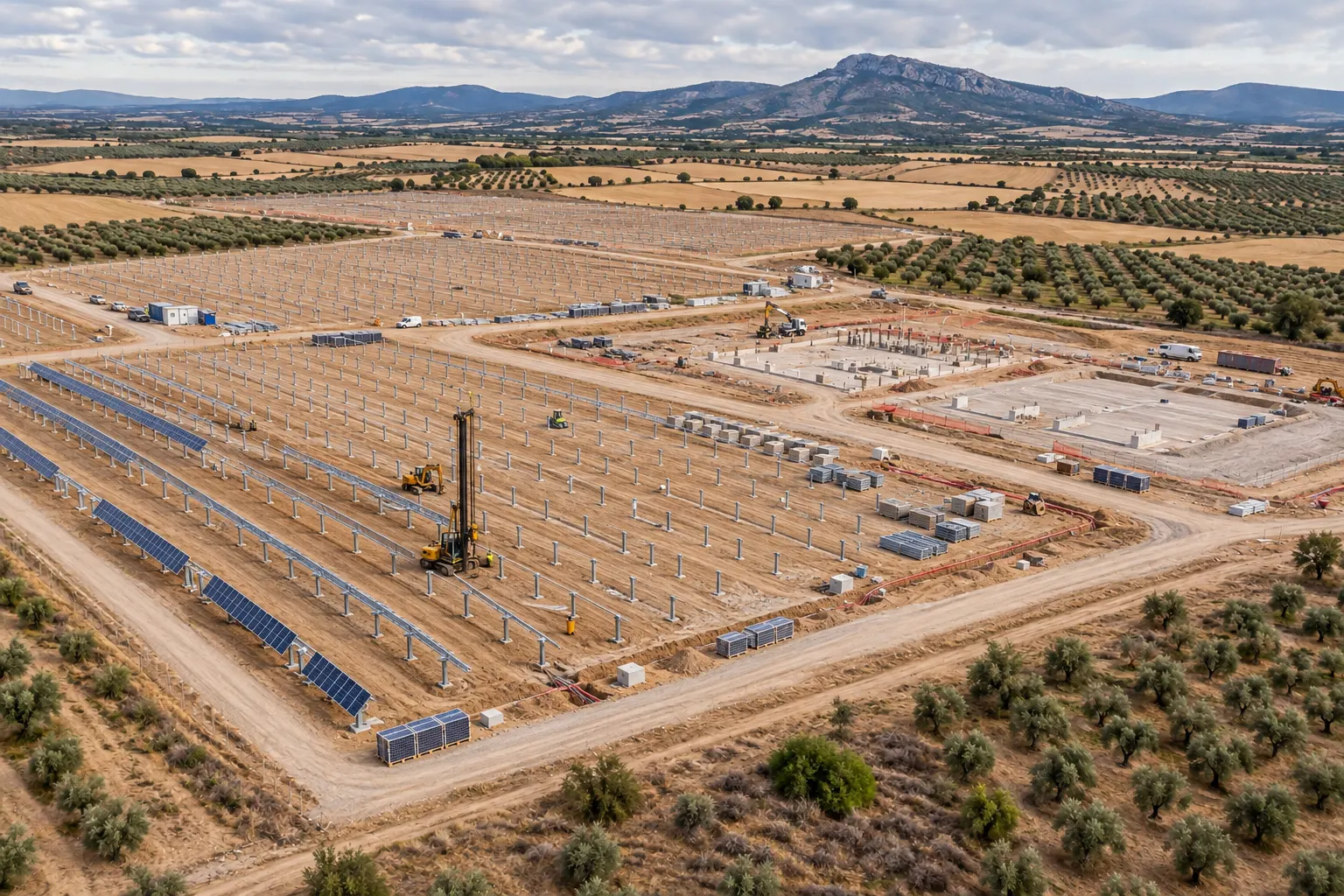 El mismo emplazamiento en obra, con hincas, seguidores a medio montar, acopio de módulos y la subestación en construcción.
