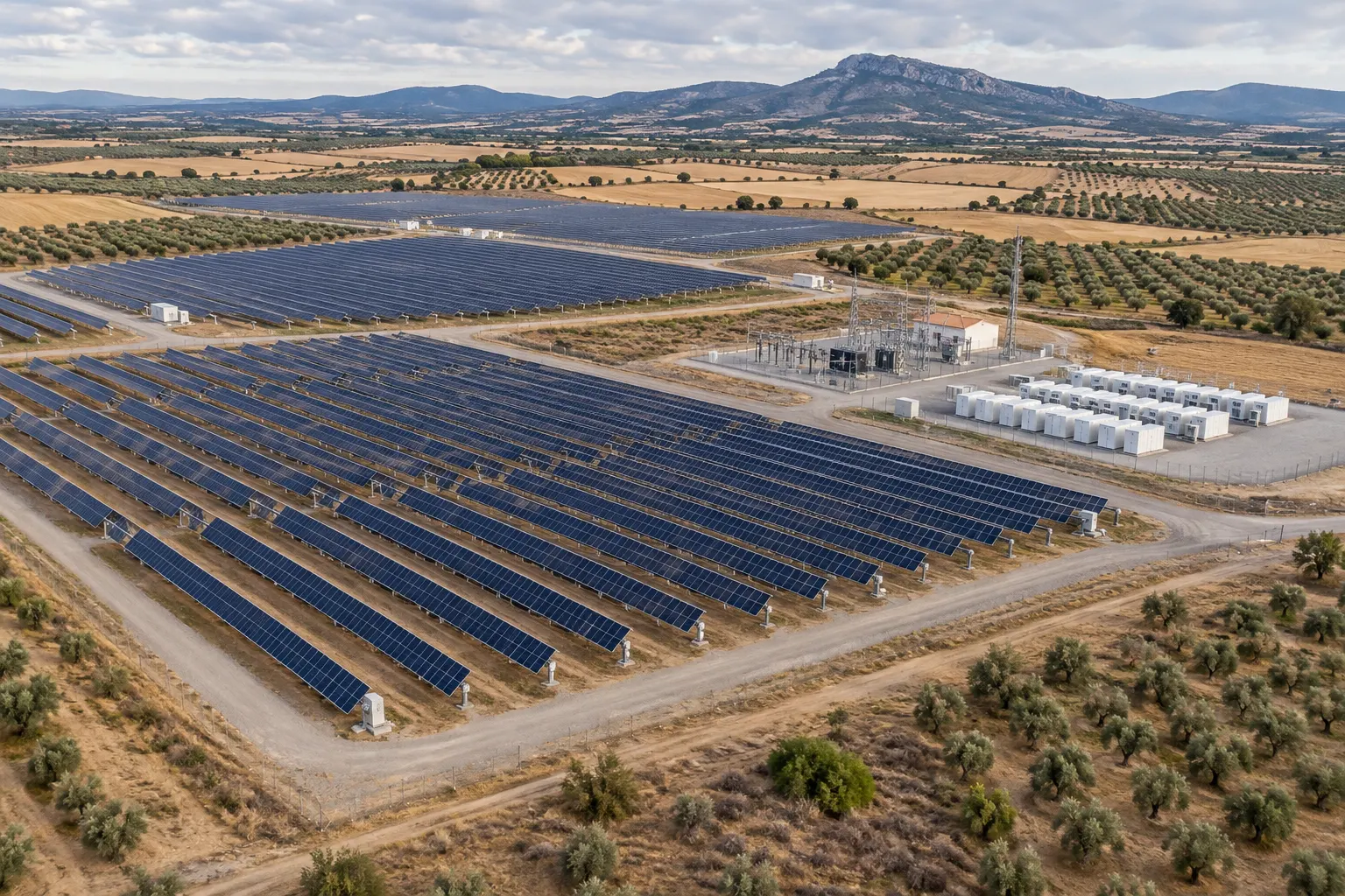 La planta terminada, con filas de seguidores solares, la subestación y los contenedores de baterías.
